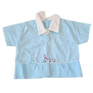 Vintage 1950s Baby Boys Sz 12M Short Sleeve Shirt Light Blue Embroidered